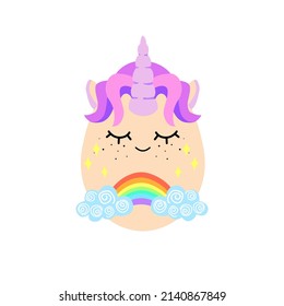 Cute flat cartoon Easter egg illustration with unicorn magic and rainbow decoration. Vector  mascot design of funny pysanka character with a smiling face expression