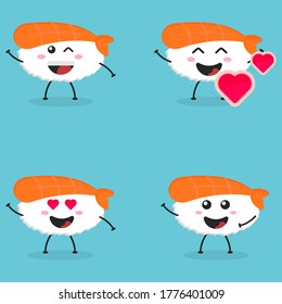 Cute flat cartoon ebi sushi illustration. Vector illustration of cute sushi with a smiling expression.