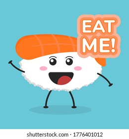 Cute flat cartoon ebi sushi illustration. Vector illustration of cute sushi with a smiling expression.