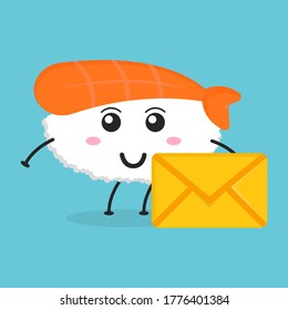 Cute flat cartoon ebi sushi illustration holding an envelope. Vector illustration of sushi with a smiling expression.