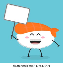 Cute flat cartoon ebi sushi holding a sign illustration. Vector illustration of cute sushi with a smiling expression. 