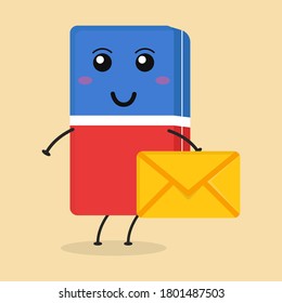 Cute flat cartoon eraser holding an envelope illustration. Vector illustration of cute eraser with a smiling expression.