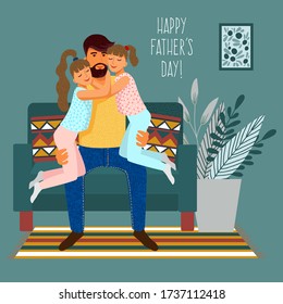 Cute flat cartoon father and Two daughters in the interior. Vertical Vector Templates for card, poster, flyer and other users