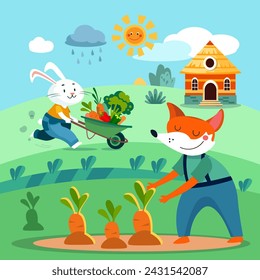 Lindo zorro plano de dibujos animados y conejo con verduras en carretilla. Granja y jardín, plantas. Escena para el diseño. Ilustración plana vectorial.