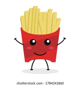 Cute flat cartoon french fries illustration. Vector illustration of cute fries with a smiling expression.