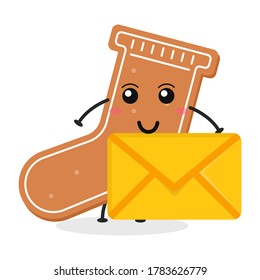 Cute flat cartoon gingerbread holding an envelope illustration. Vector illustration of cute gingerbread with a smiling expression.