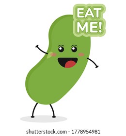 Cute flat cartoon green bean illustration. Vector illustration of cute bean with a smiling expression.
