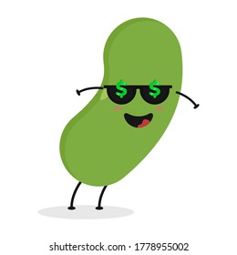 Cute flache Cartoon grüne Bohnengrafik. Vektorgrafik der süßen Bohne mit einem lächelnden Ausdruck.