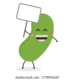 Cute flat cartoon green bean holding a sign illustration. Vector illustration of cute bean with a smiling expression.