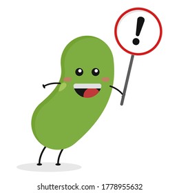 Cute flat cartoon green bean holding a sign illustration. Vector illustration of cute bean with a smiling expression.