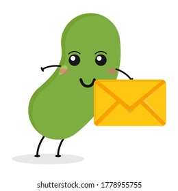 Cute flat cartoon green bean holding an envelope illustration. Vector illustration of cute bean with a smiling expression.