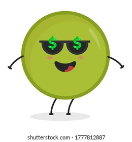 Cute flat cartoon green peas illustration. Vector illustration of cute peas with a smiling expression.	