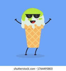 Caricatura Plana Cuidada Ilustración De Helados De Té Verde. Ilustración vectorial de helado lindo con una expresión sonriente. Diseño de mascota de helados de té verde suave