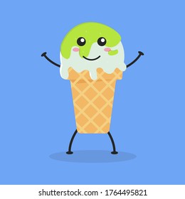 Cute Flat Cartoon Green Tea Ice Cream Illustration. Vector illustration of cute ice cream with a smiling expression. Cute green tea ice cream mascot design