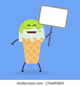 Cute Flat Cartoon Green Tea Ice Cream Holding Sign Illustration. Vector illustration of cute ice cream with a smiling expression. Cute green tea ice cream holding sign mascot design