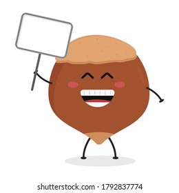 Cute flat cartoon hazelnut holding a sign illustration. Vector illustration of cute hazelnut with a smiling expression