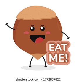 Cute flat cartoon hazelnut illustration. Vector illustration of cute hazelnut with a smiling expression.