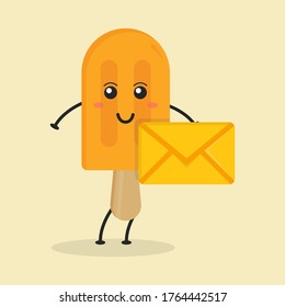 Cute Flat Cartoon Ice Cream Holding Envelope Illustration. Vector illustration of cute ice cream with a smiling expression. Cute ice cream bring envelope mascot design