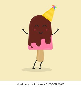 Cute Flat Cartoon Ice Cream Illustration. Vector illustration of cute ice cream with a smiling expression. Cute ice cream mascot design
