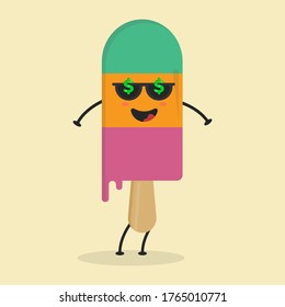 Cute Flat Cartoon Ice Cream Illustration. Vector illustration of cute ice cream with a smiling expression. Cute ice cream mascot design