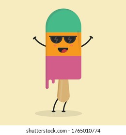 Cute Flat Cartoon Ice Cream Illustration. Vector illustration of cute ice cream with a smiling expression. Cute ice cream mascot design