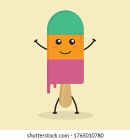 Cute Flat Cartoon Ice Cream Illustration. Vector illustration of cute ice cream with a smiling expression. Cute ice cream mascot design