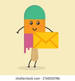 Cute Flat Cartoon Ice Cream Holding Envelope Illustration. Vector illustration of cute ice cream with a smiling expression. Cute ice cream holding envelope mascot design
