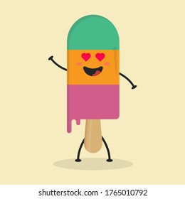 Ilustración De Helados De Caricatura Plana. Ilustración vectorial de helado lindo con una expresión sonriente. Diseño de una mascota de helados de sabor fino
