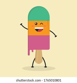 Cute Flat Cartoon Ice Cream Illustration. Vector illustration of cute ice cream with a smiling expression. Cute ice cream mascot design