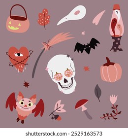 cute flat cartoon isolated halloween mystery spooky collection characters stickers