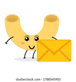 Cute flat cartoon Italian pasta holding an envelope illustration. Vector illustration of cute pasta with a smiling expression.