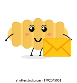 Cute flat cartoon Italian pasta holding an envelope illustration. Vector illustration of cute pasta with a smiling expression.