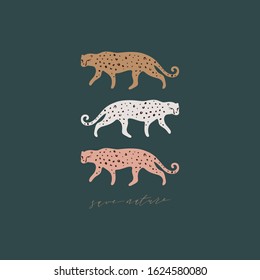 Cute flat cartoon leopard protection poster or banner with lettering Save Nature. Ecology concept. Save the leopards and rare species of animals. Vector illustration. Clipart image.