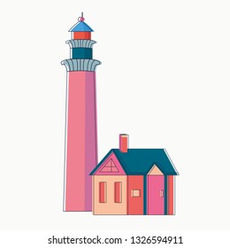 Cute flat cartoon lighthouse on white background