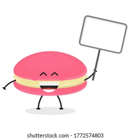 Cute flat cartoon macarons holding a sign illustration. Vector illustration of cute macarons with a smiling expression. Cute macaron holding a sign mascot design