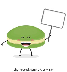 Maquinarios de dibujos animados planos con una ilustración de un cartel. Ilustración vectorial de macarones lindos con una expresión sonriente. Abarca cute sostiene un diseño de mascota de señas