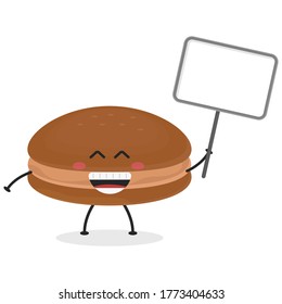 Cute flat cartoon macarons holding a sign illustration. Vector illustration of cute macarons with a smiling expression. Cute macaron holding a sign mascot design