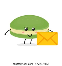 Cute flat cartoon macarons illustration holding an envelope. Vector illustration of a cute macaron with a smiling expression. Cute macaron with an envelope mascot design