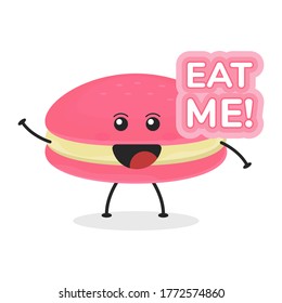 Ilustración de dibujos animados planos. Ilustración vectorial de macarones de fresa lindos con una expresión sonriente. Diseño de mascota de macaron cutáneo