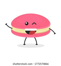 Ilustración de dibujos animados planos. Ilustración vectorial de macarones de fresa lindos con una expresión sonriente. Diseño de mascota de macaron cutáneo
