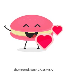 Ilustración de dibujos animados planos. Ilustración vectorial de macarones de fresa lindos con una expresión sonriente. Diseño de mascota de macaron cutáneo