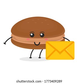 Cute flat cartoon macarons illustration holding an envelope. Vector illustration of a cute macaron with a smiling expression. Cute macaron with an envelope mascot design