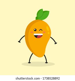 Cute Flat Cartoon Mango Illustration. Vector illustration of cute mango with smilling expression. Cute mango mascot design