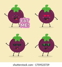 Cute Flat Cartoon Mangosteen Illustration. Vector illustration of cute mangosteen with a smiling expression. Cute fruit mascot design