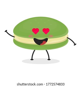 Dibujo plano de caricatura mate macarons. Ilustración vectorial de macarones lindos con una expresión sonriente. Diseño de mascota de macarón de té verde suave