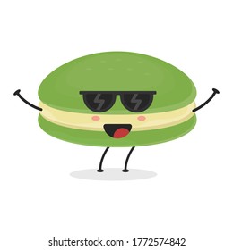 Dibujo plano de caricatura mate macarons. Ilustración vectorial de macarones lindos con una expresión sonriente. Diseño de mascota de macarón de té verde suave
