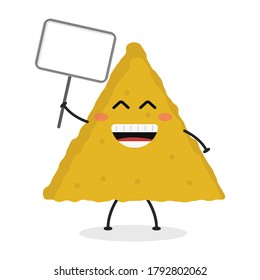 Cute flat cartoon nacho holding a sign illustration. Vector illustration of cute nachos with a smiling expression.