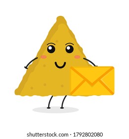 Cute flat cartoon nacho holding an envelope illustration. Vector illustration of cute nachos with a smiling expression.