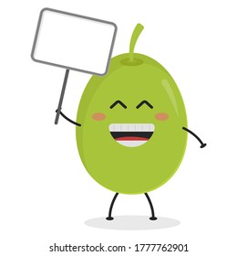 Cute flat cartoon olive holding a sign illustration. Vector illustration of cute olive with a smiling expression.	