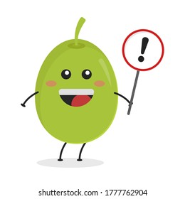 Cute flat cartoon olive holding a sign illustration. Vector illustration of cute olive with a smiling expression.	